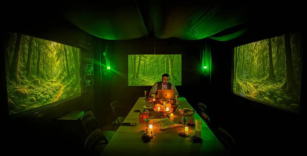 Salle immersive aux murs de forêt projetée, table dressée aux bougies