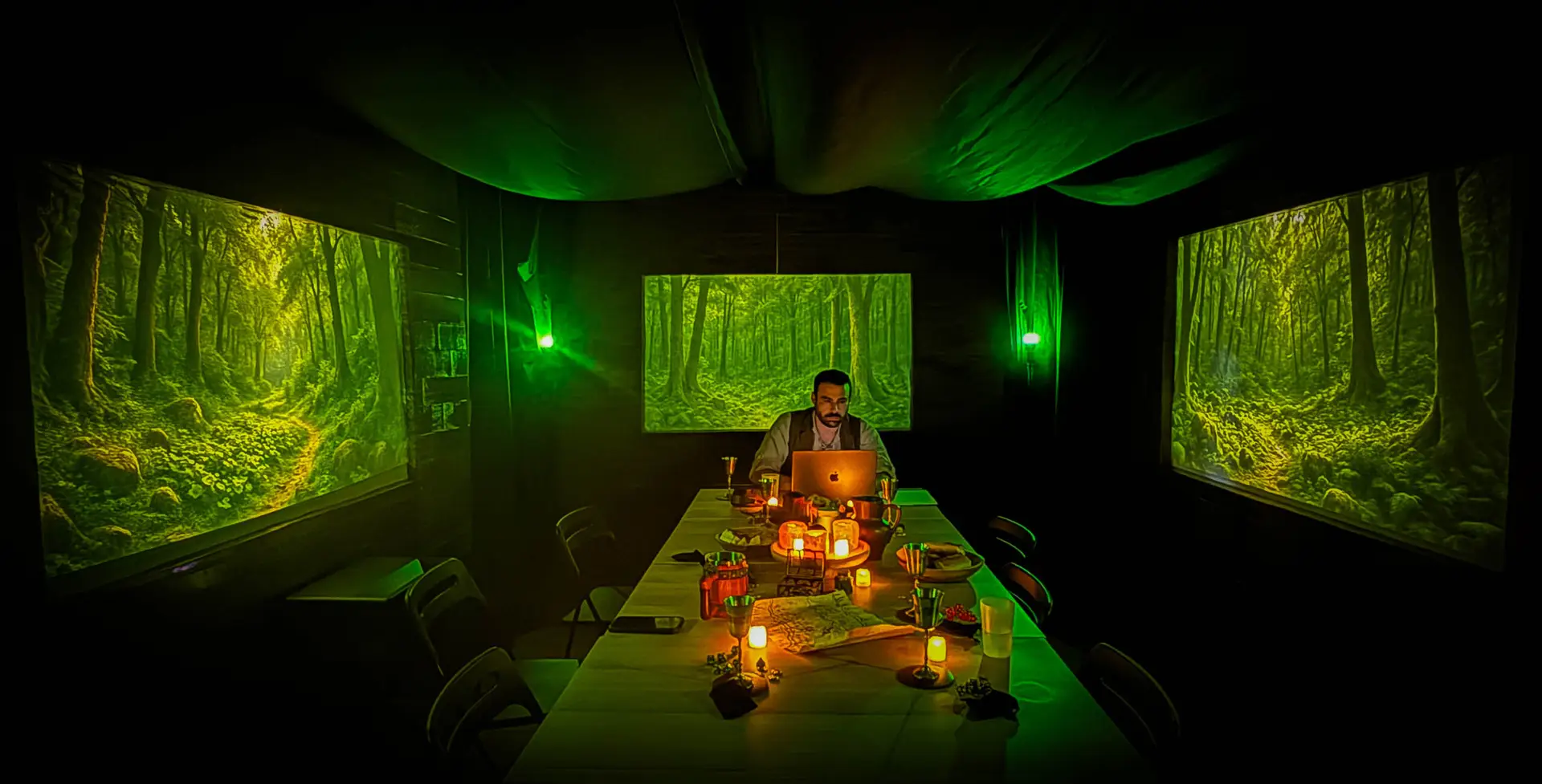 Salle immersive aux murs de forêt projetée, table dressée aux bougies